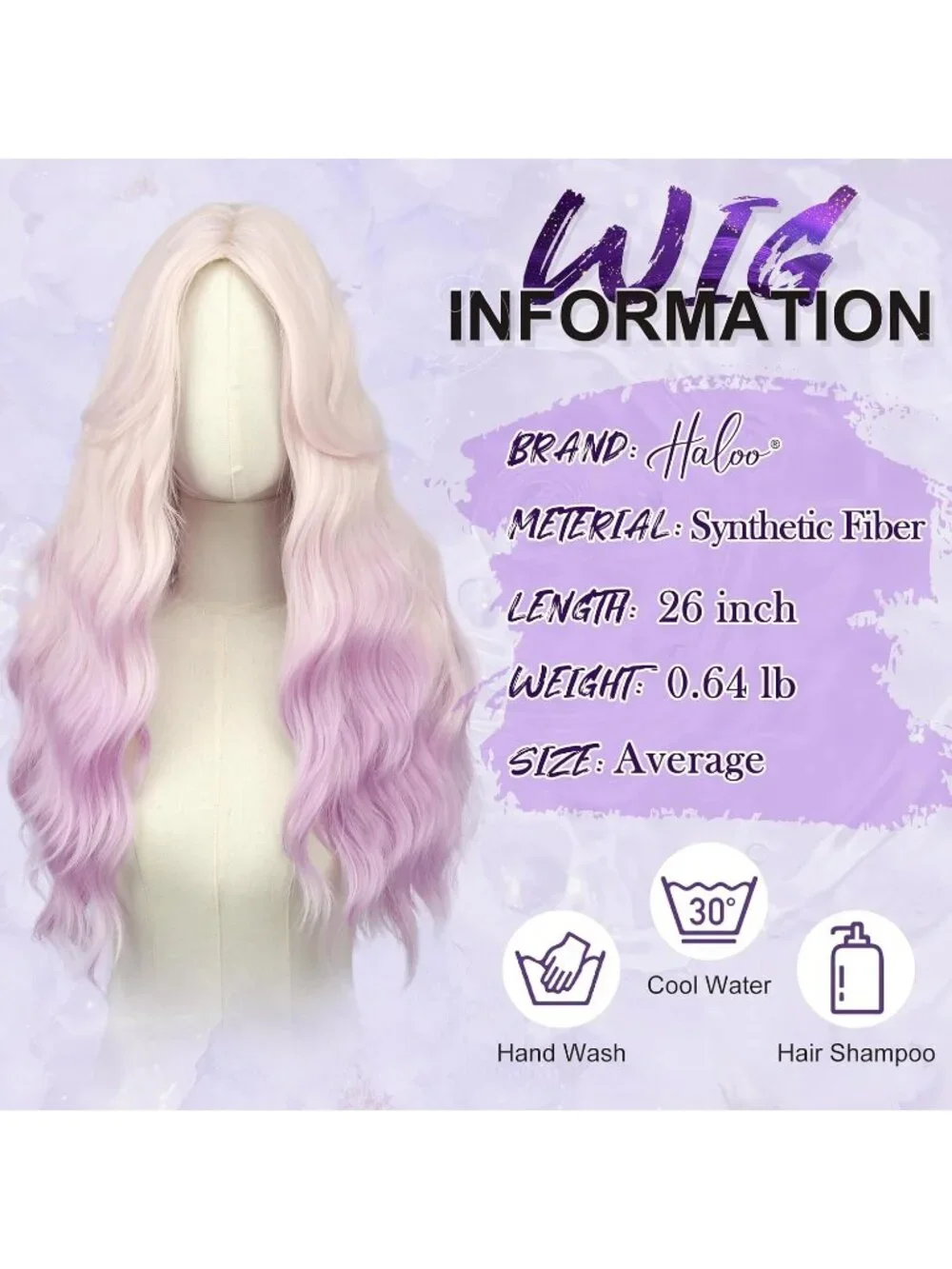 Women's Pink Ombre Lilac 26 Inch Heat Resistant Curtain Bangs Long Wavy Wigs
